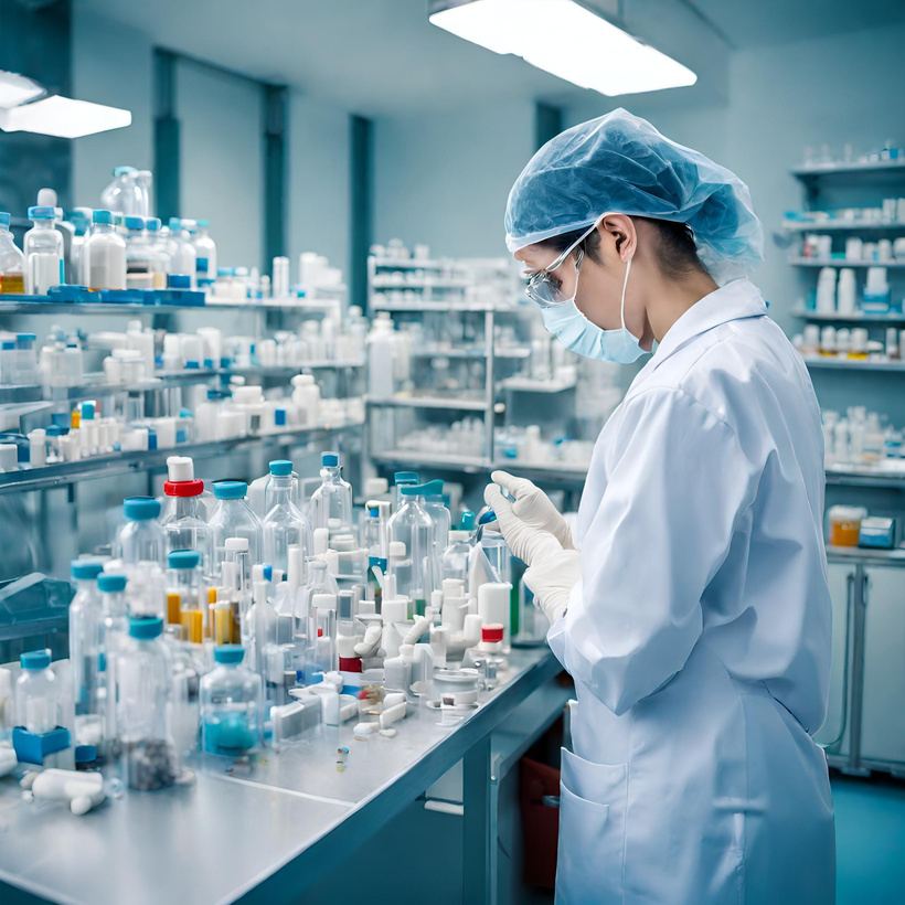 Profesional de laboratorio entre estanterías de medicamentos