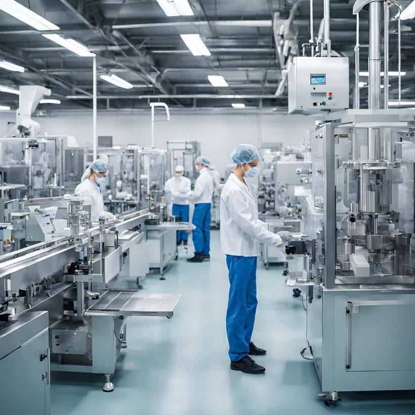 Planta de producción farmacéutica con personal en traje estéril